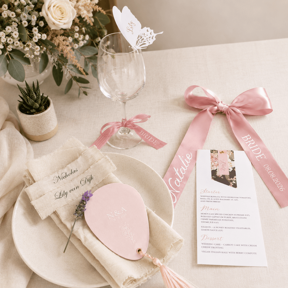 Blush place cards, menu and 'Bride' ribbons on a soft-toned table