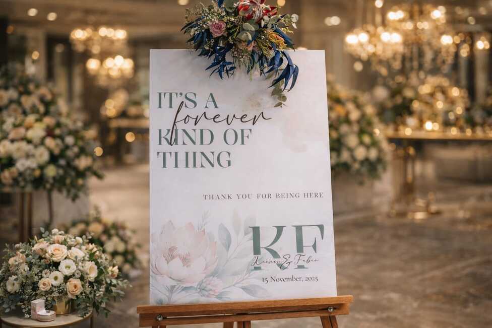 A bespoke acrylic welcome sign styled with florals at a wedding