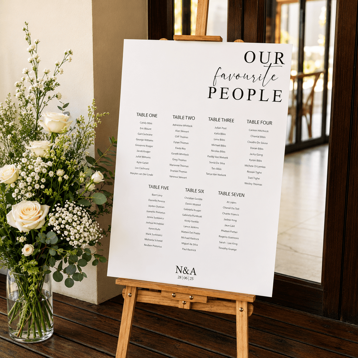 Seating chart reading 'Our favourite people'