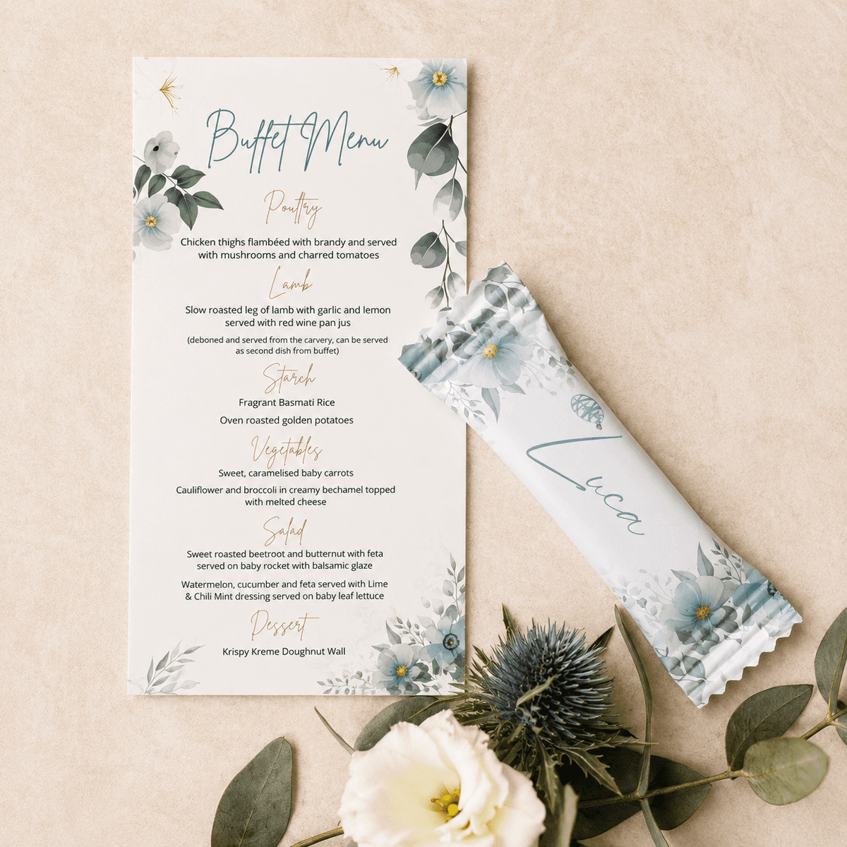 Blue floral buffet menu beside a personalised favour