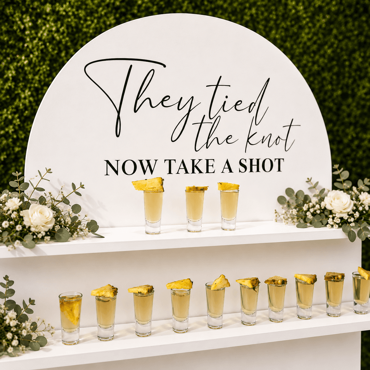 Round signage reading 'They tied the knot, now take a shot' above tequila shots